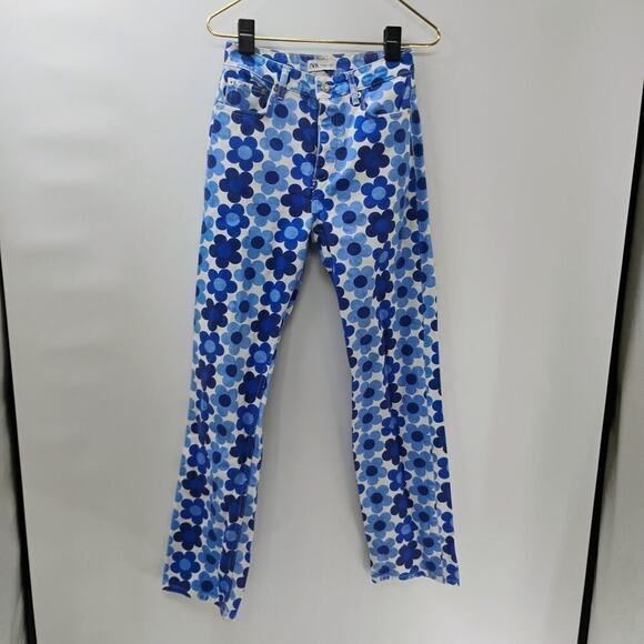 Zara Jeans Size 4 Blue White Flowers High Rise Straight Flat Front Pants Denim - Picture 8 of 13